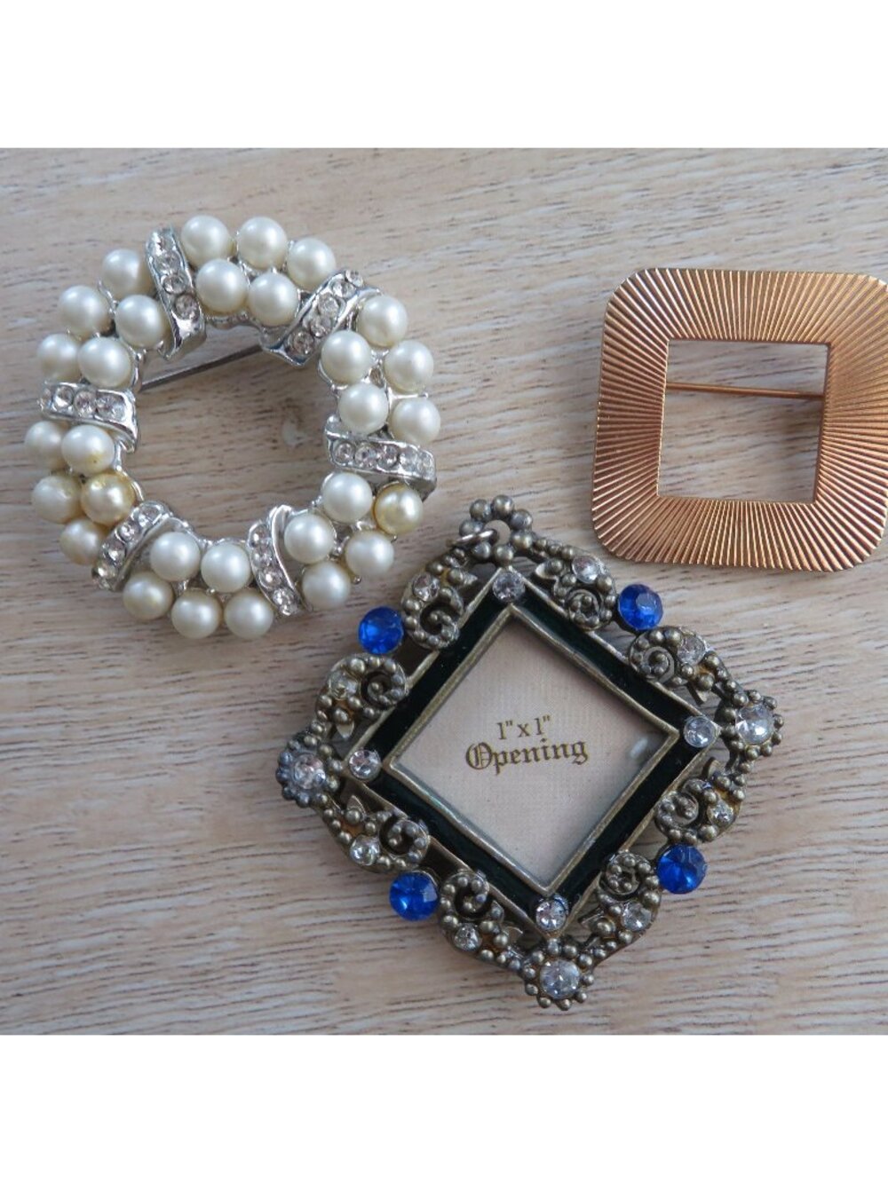 Lot of 3 Vintage Brooches - Faux Pearl Gold-Tone Square Ornate Rhinestone Frame